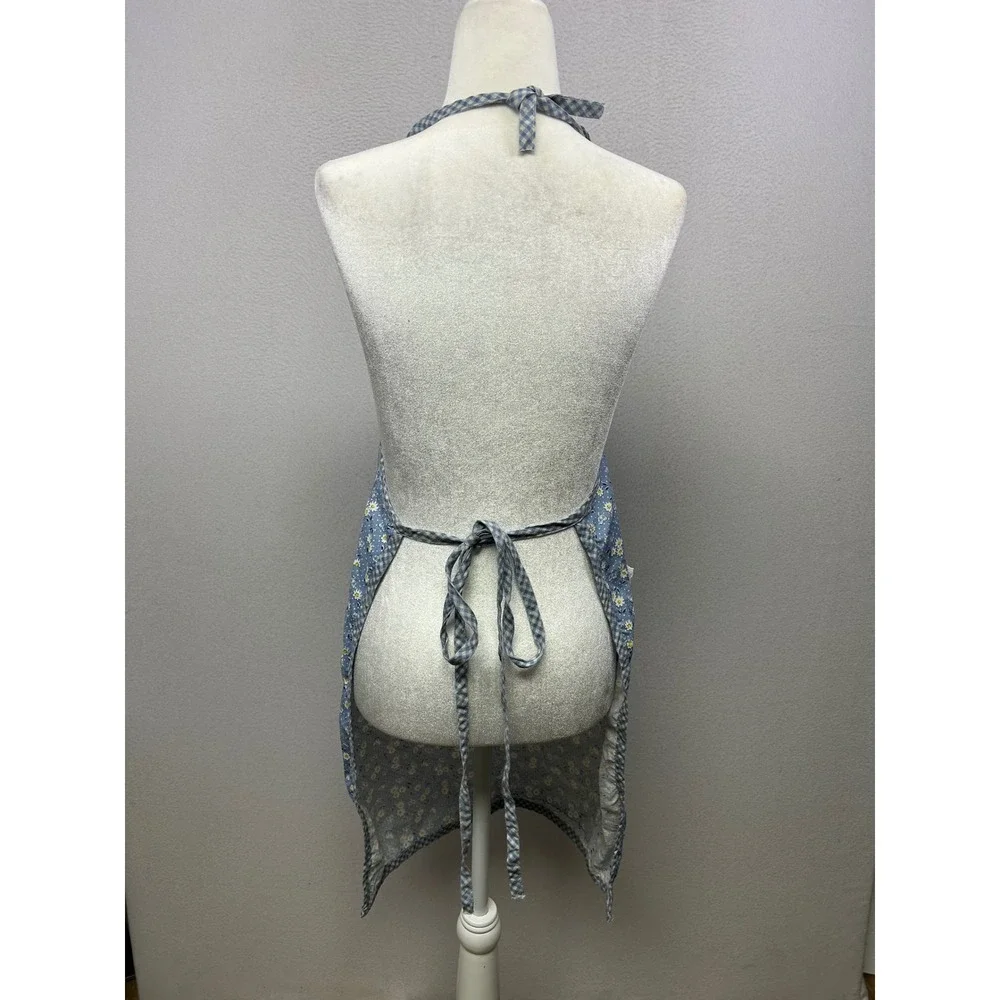 Cottagecore Franco Women OS Blue Floral Gingham‎ Lace Trim Cotton Bib Apron